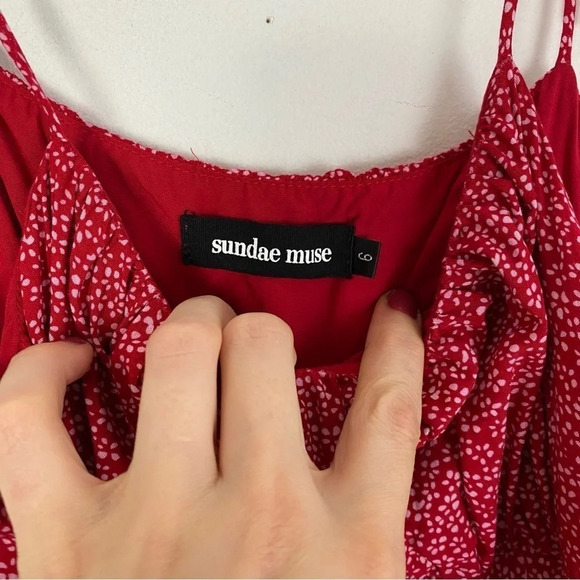 Sundae Muse Carter Dress Womens Size 2 - 4 XS Red Ruffle Mini Tie Shoulder - Picture 12 of 16